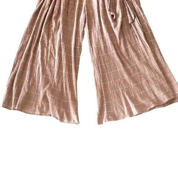 Free People Tan Checker Print Wide Leg Tie Waist Textured Gauze Pants - 12 - Picture 4 of 11